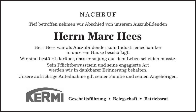 Traueranzeige Marc Hees
