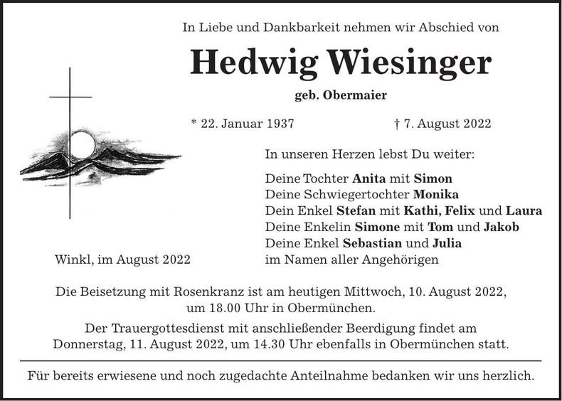Traueranzeige Hedwig Wiesinger