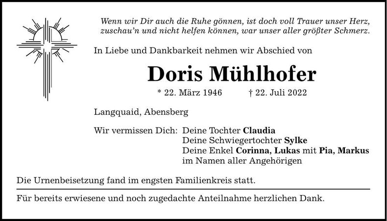 Traueranzeige Doris Mühlhofer