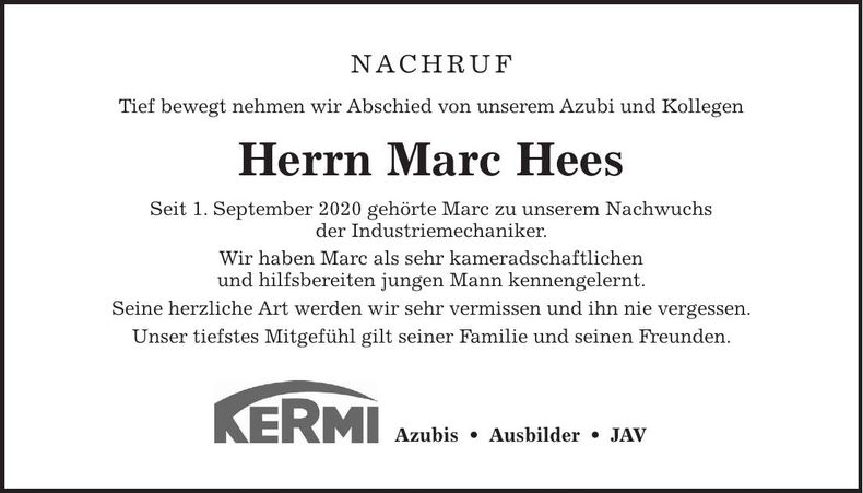 Traueranzeige Marc Hees