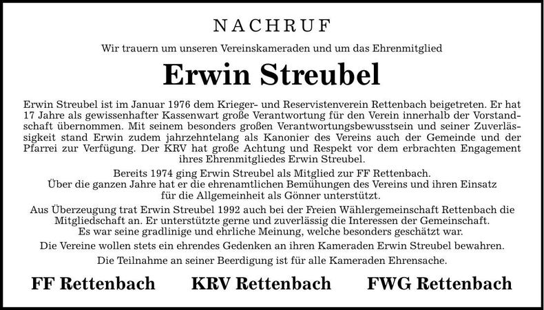 Traueranzeige Erwin Streubel