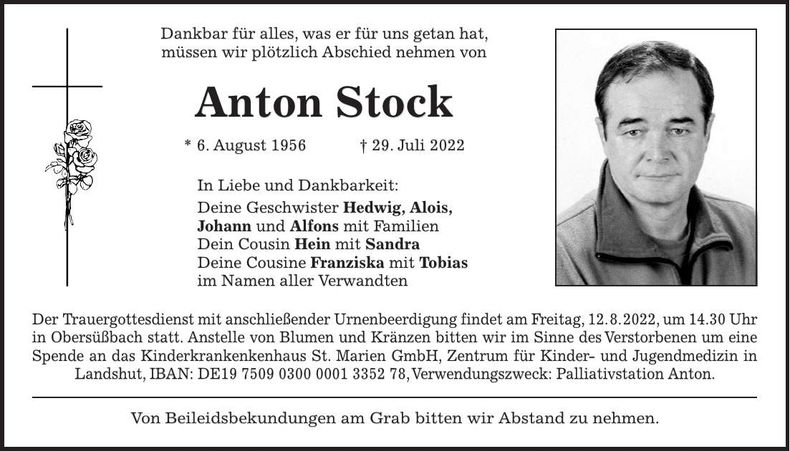 Traueranzeige Anton Stock