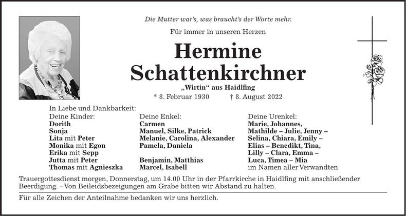 Traueranzeige Hermine Schattenkirchner