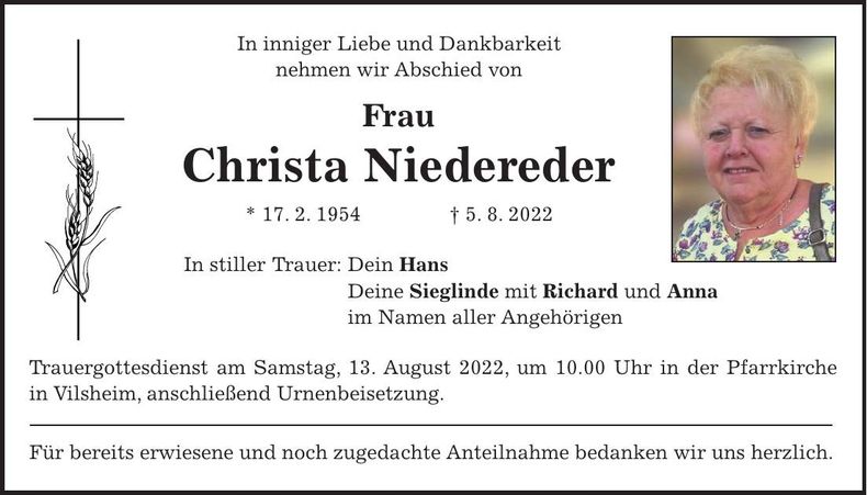 Traueranzeige Christa Niedereder
