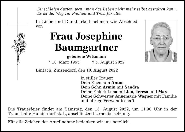 Traueranzeige Josephine Baumgartner