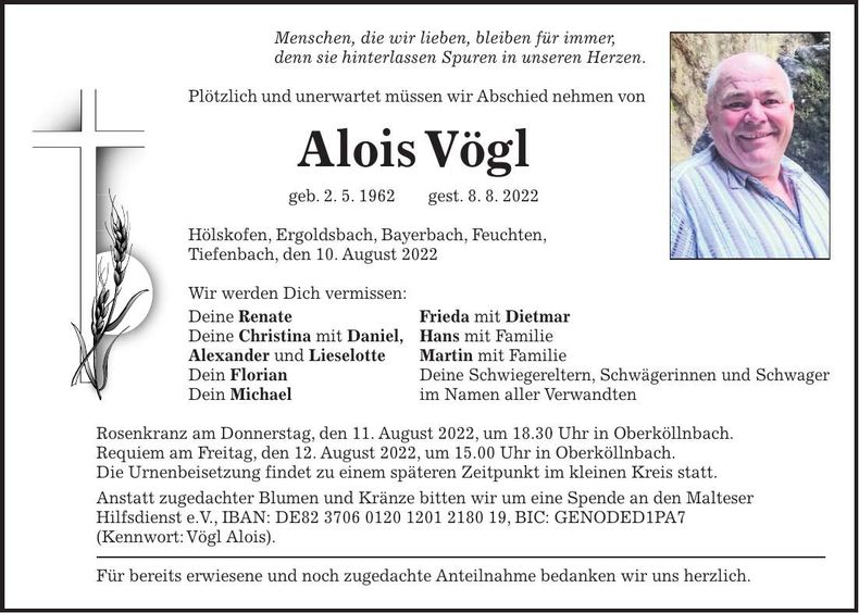Traueranzeige Alois Vögl