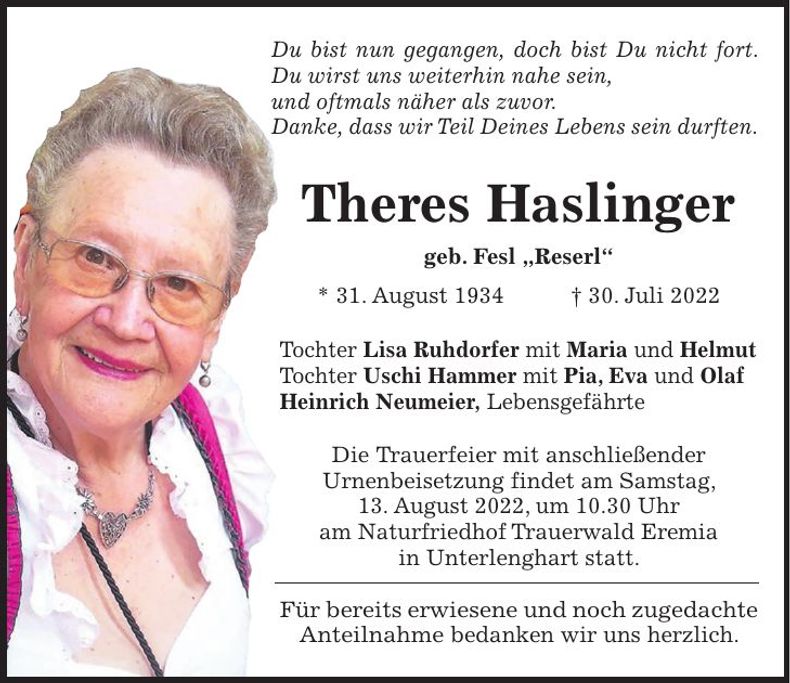 Traueranzeige Theres Haslinger
