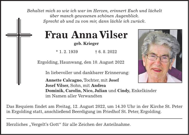 Traueranzeige Anna Vilser