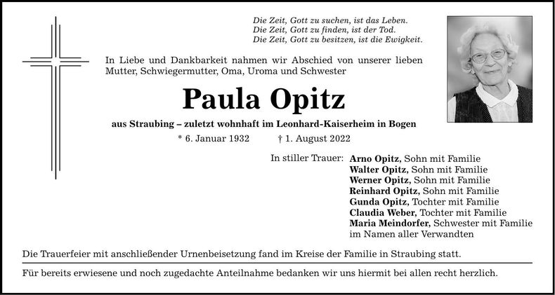 Traueranzeige Paula Opitz