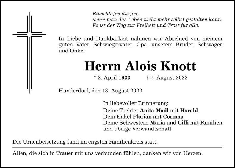Traueranzeige Alois Knott