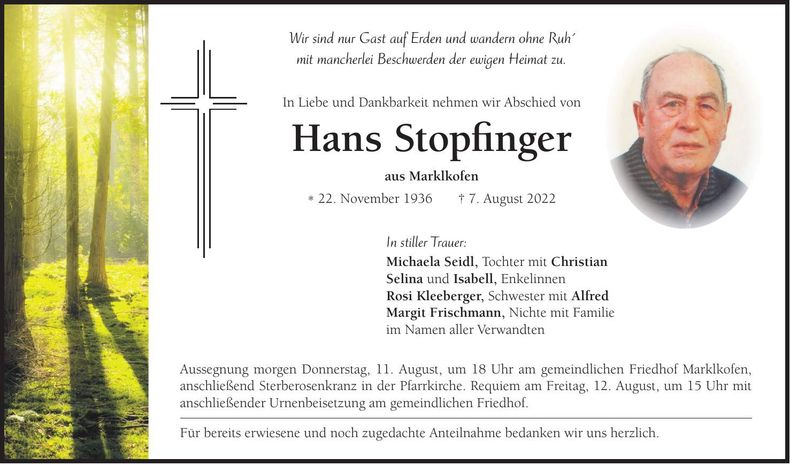 Traueranzeige Hans Stopfinger