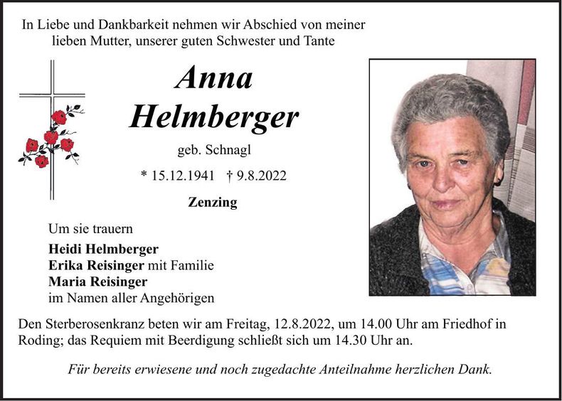 Traueranzeige Anna Helmberger