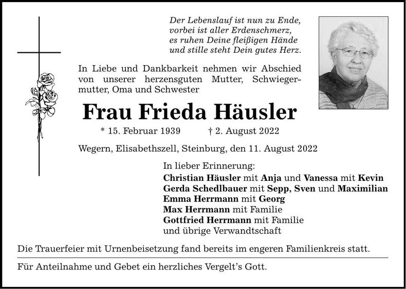 Traueranzeige Frieda Häusler