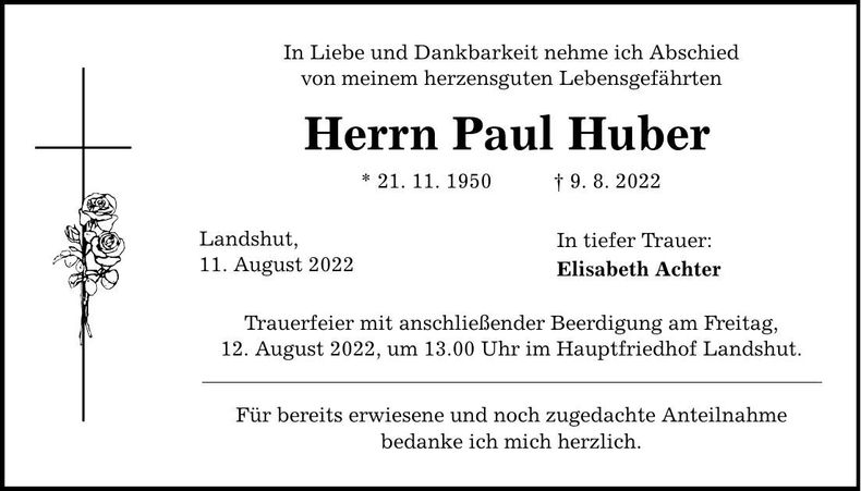 Traueranzeige Paul Huber