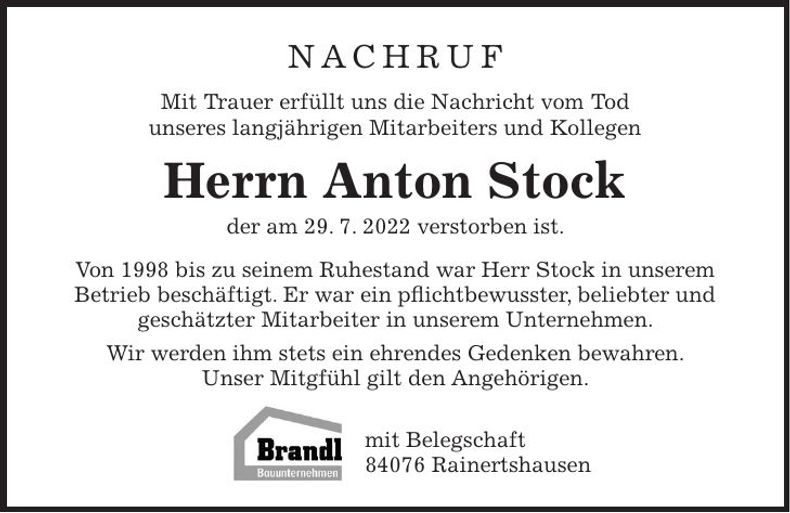 Traueranzeige Anton Stock