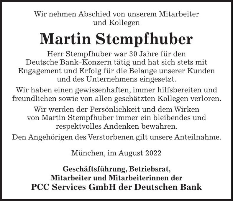 Traueranzeige Martin Stempfhuber