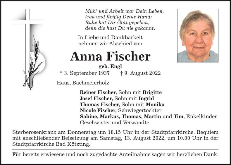 Traueranzeige Anna Fischer