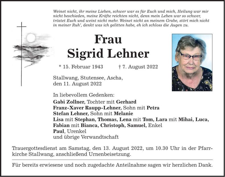 Traueranzeige Sigrid Lehner