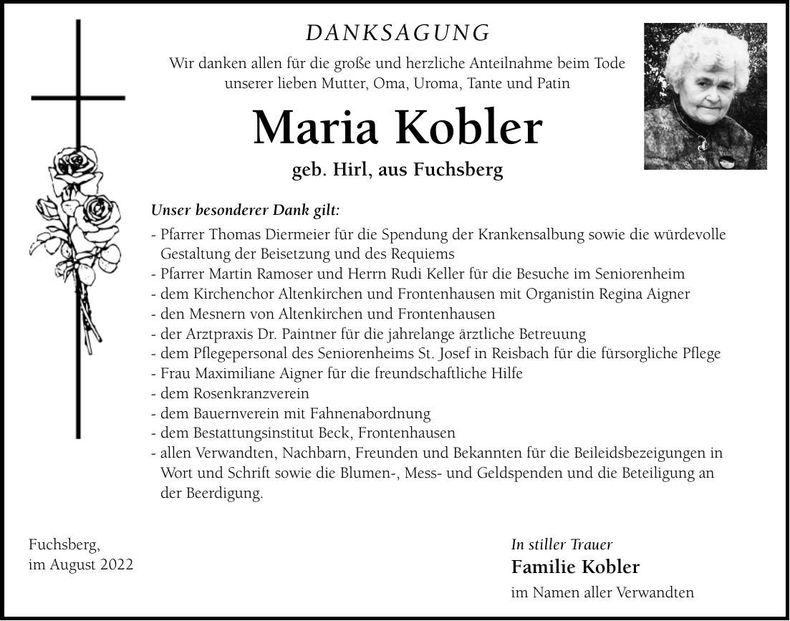 Traueranzeige Maria Kobler