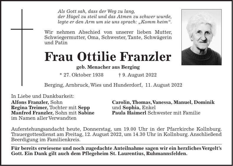 Traueranzeige Ottilie Franzler