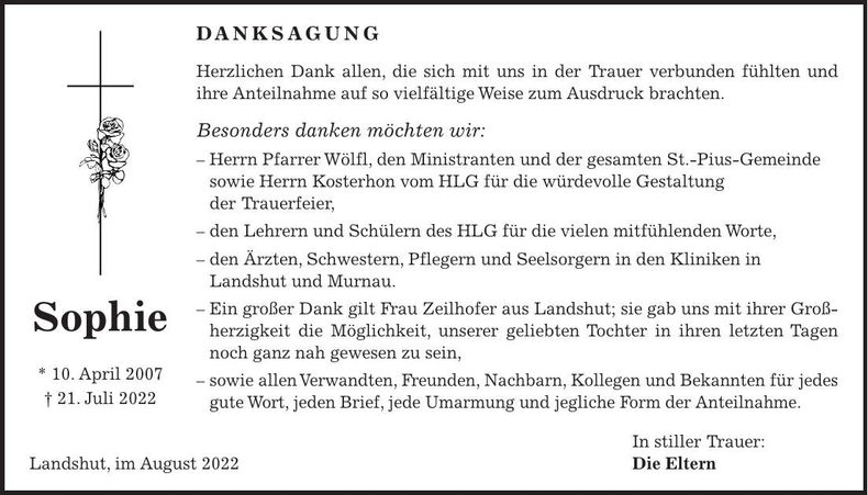 Traueranzeige Sophie Pöschl