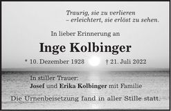 Traueranzeige Inge Kolbinger