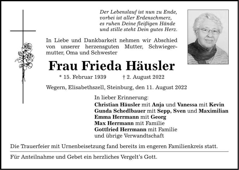 Traueranzeige Frieda Häusler