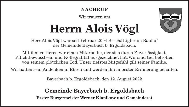 Traueranzeige Alois Vögl