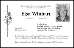 Traueranzeige Elsa Winhart
