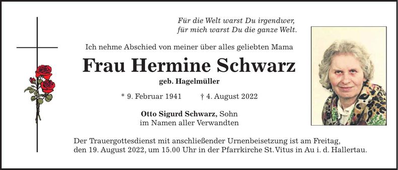Traueranzeige Hermine Schwarz
