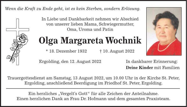 Traueranzeige Olga Margareta Wochnik