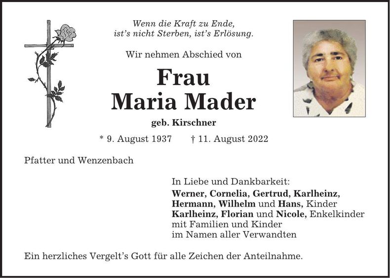 Traueranzeige Maria Mader