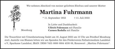 Traueranzeige Martina Fuhrmann