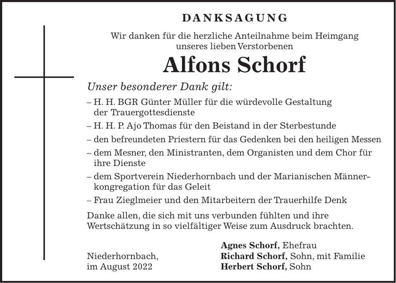 Traueranzeige Alfons Schorf