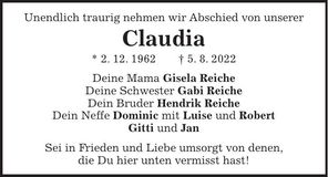 Traueranzeige Claudia Reiche
