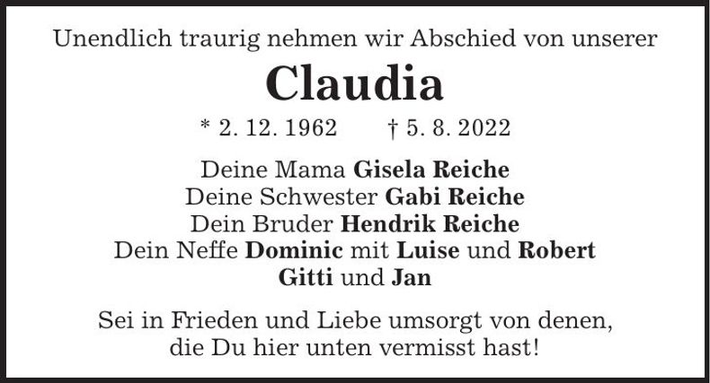 Traueranzeige Claudia Reiche