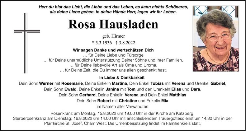 Traueranzeige Rosa Hausladen