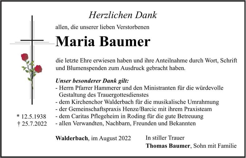 Traueranzeige Maria Baumer