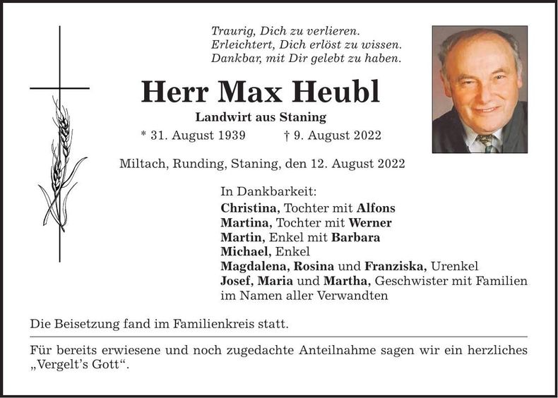 Traueranzeige Max Heubl