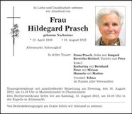Traueranzeige Hildegard Prasch