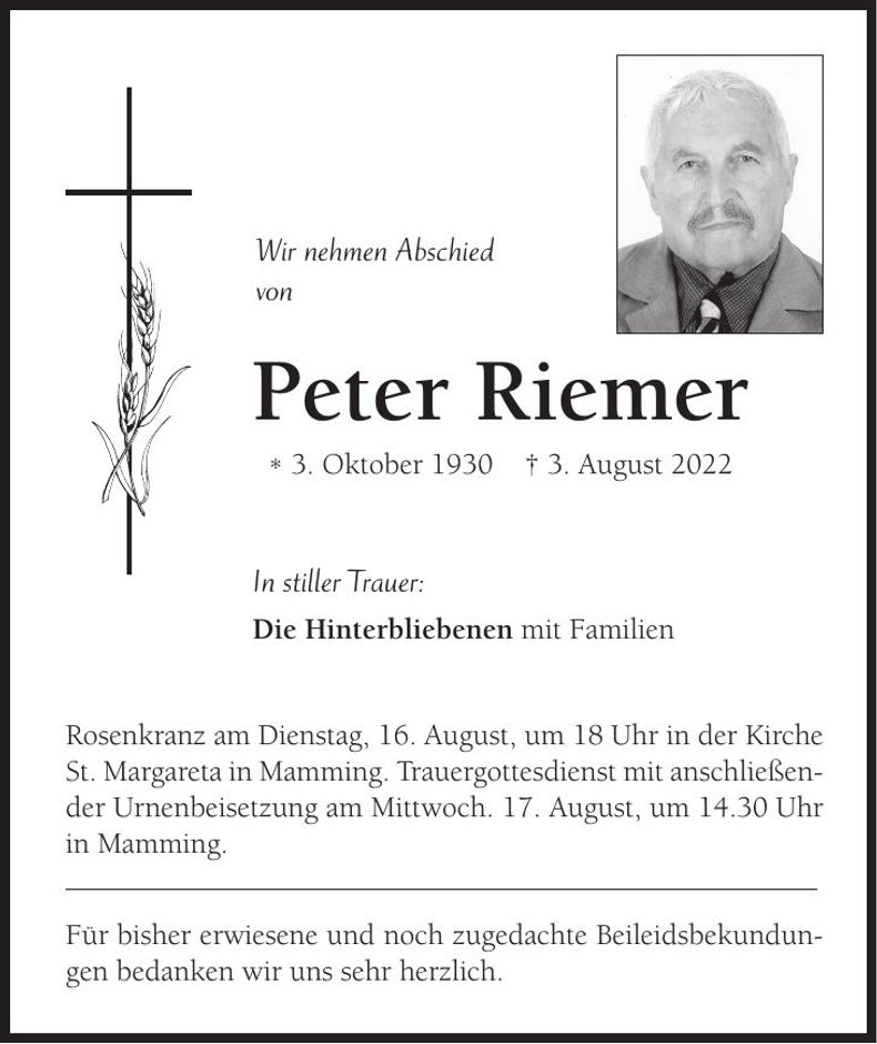 Traueranzeige Peter Riemer
