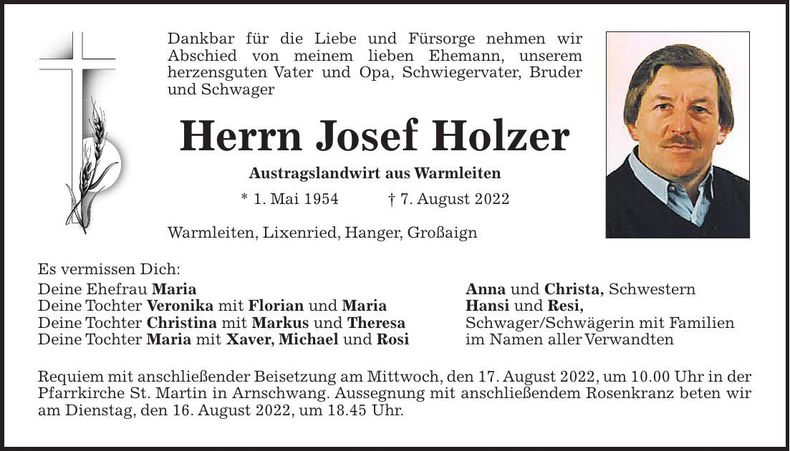 Traueranzeige Josef Holzer