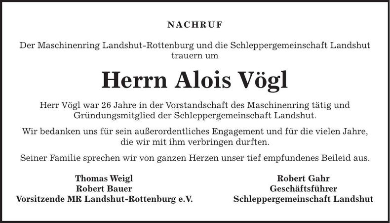 Traueranzeige Alois Vögl