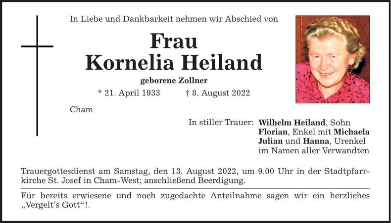 Traueranzeige Kornelia Heiland