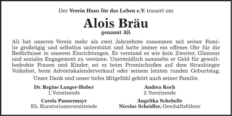 Traueranzeige Ali Bräu