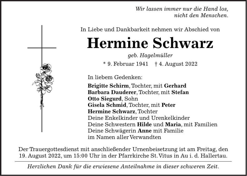 Traueranzeige Hermine Schwarz