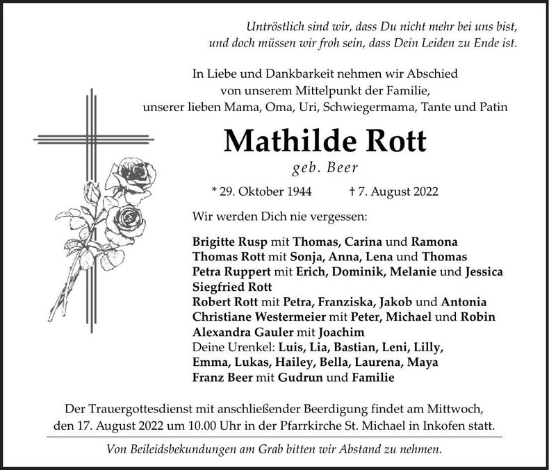 Traueranzeige Mathilde Rott