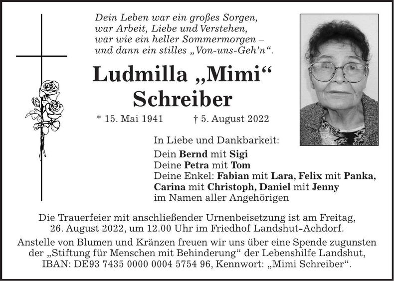 Traueranzeige Ludmilla Schreiber