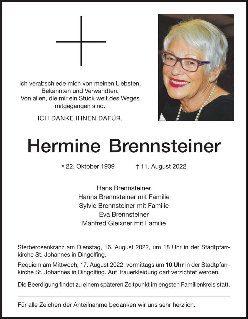 Traueranzeige Hermine Brennsteiner