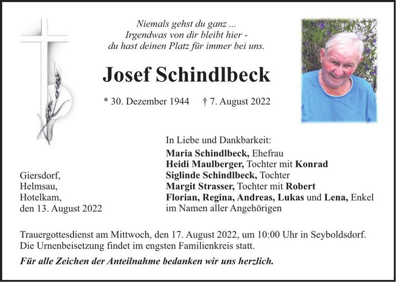 Traueranzeige Josef Schindlbeck
